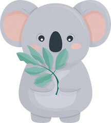 Playful Koala with Eucalyptus: An adorable koala, with fluffy gray fur and endearing features, clasps a fresh eucalyptus branch. This charming illustration celebrates the koala's natural habitat.trans