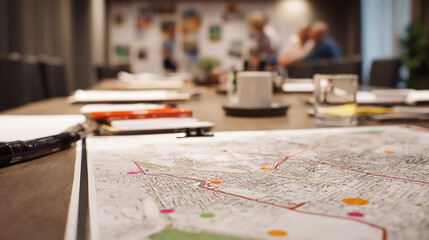 A blurred meeting room with a map and coffee cup on a table during a planning session indoors view