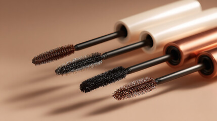 Close up of four mascara wands with different shades and packaging on a neutral background studio shot