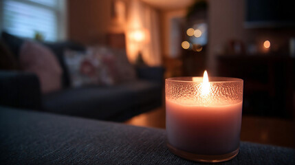 Close up of a candle burning in a glass jar with a couch and lights in the background in a room