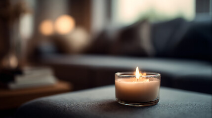 A lit candle in a glass holder sitting on a soft surface against a blurred background indoors scene