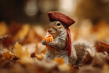 Obraz premium Halloween festival of magic enchanted squirrel dessert scene in autumn leaves whimsical viewpoint