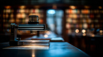 A close up of a microscope on a table with a blurred background of lights and bookshelves indoors