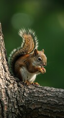 Obraz premium A small, active squirrel foraging for nuts on a tree branch in a sunlit natural environment, showcasing its wild rodent behavior ,fall ,park ,rodent