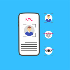 KYC verification process on smartphone. Concept of identity verification, biometric scan, face recognition, fingerprint, and eye scan