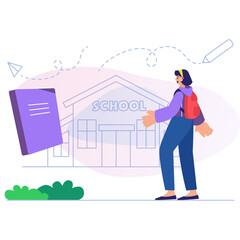 Young Student With Backpack And Book Walking Towards School Building With Drawing Pencil And Paper Airplane Motifs In A Soft Color Gradient Background With Transparent Background