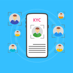 smartphone screen with KYC (Know Your Customer) process and user profile icons.