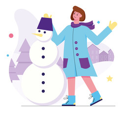 Young Woman Building Snowman Winter Scene with Snowy Houses and Purple Christmas Trees Light Blue Coat and Yellow Gloves Festive Holiday Activity