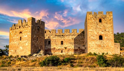 Stone fortress with towering battlements under a colorful sunset sky