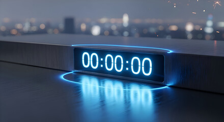 Digital clock displaying zero time with neon blue glow over cityscape background