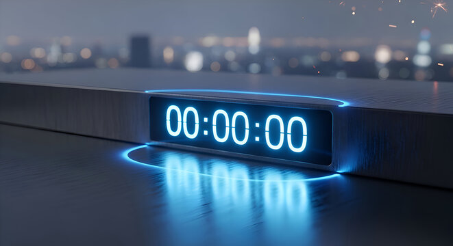 Digital clock displaying zero time with neon blue glow over cityscape background