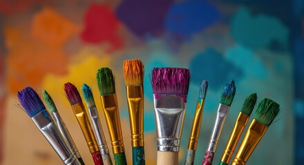 Fototapeta premium A vibrant array of artist's paintbrushes, each loaded with a different rich, wet color, poised for creative expression and artistic inspiration ,pigment ,tools ,creativity