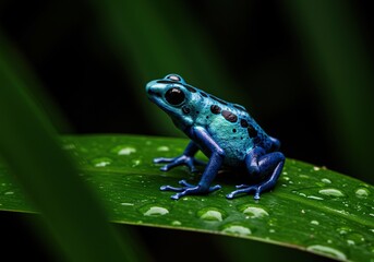 Obraz premium A vibrant poison dart frog perches on a wet leaf, its skin shimmering with brilliant blues and greens, camouflaged amidst the dense tropical foliage ,plant ,tropical ,South America