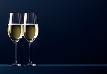 Two glasses of champagne on a dark blue background with copy space for text, a New Year celebration concept banner design.