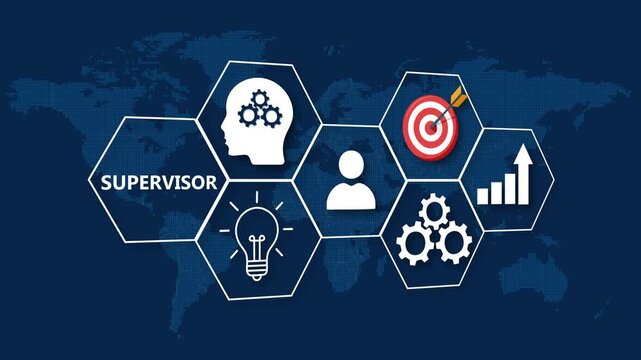 Supervisor concept with icons for idea lightbulb gears human profile target and growth chart on world map background