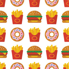Seamless Fast Food Pattern — Flat Vector Illustration of Burgers, Donuts, and Fries