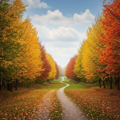 Fototapeta premium A winding path through changing seasons, symbolizing the passage and evolution of a full year's journey ,path ,timeline ,development
