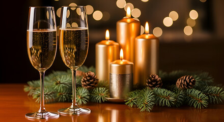 Two champagne flutes and golden candles with pine branches and bokeh lights