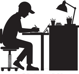 Silhouette of person at desk drawing on tablet with desk lamp