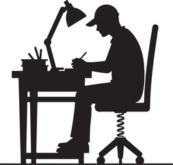 Silhouette of person at desk with lamp and drawing tools