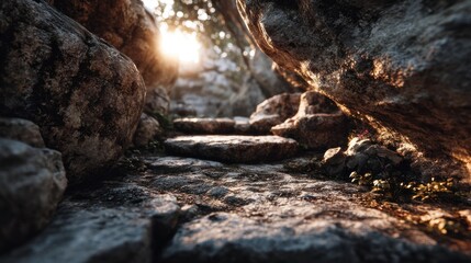 Ethereal stone pathway with sunlight shining through, creating a mystical scene