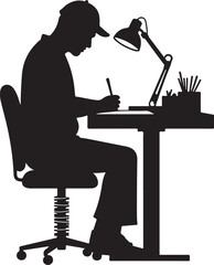 Silhouette of person at desk with lamp and pens table