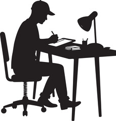 Silhouette of person at desk with lamp and tablet chair