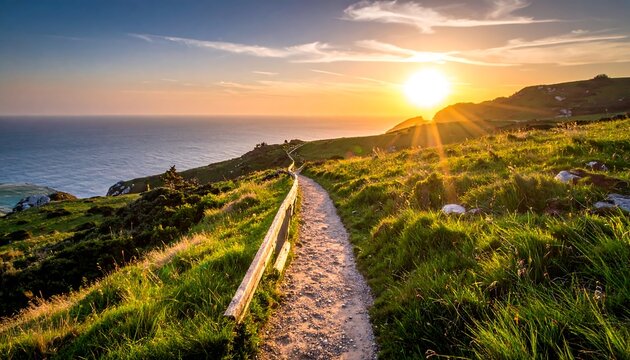 Scenic seaside trail at sunset, golden sunlight casting over a coastal landscape