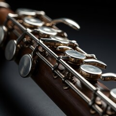 Close-up of a elegant woodwind instrument, highlighting its intricate keys and polished surface, ready to produce beautiful tunes ,professional ,creative ,tune