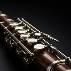 Obraz premium Close-up of a elegant woodwind instrument, highlighting its intricate keys and polished surface, ready to produce beautiful tunes ,oboe ,elegant ,notes