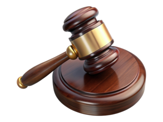 Judge's gavel and sound block made of dark wood with a gold band, symbolizing justice