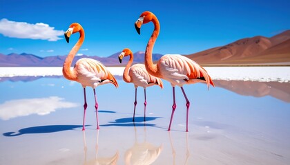 Three graceful flamingos wading in a serene with reflective lagoon under a blue sky.