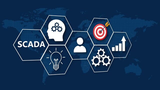 SCADA System Concept with Icons on World Map Background SCADA Supervisory Control and Data Acquisition