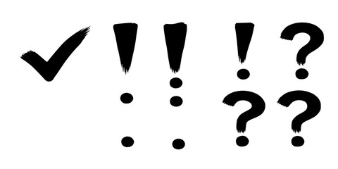 Punctuation signs drawn with a bold brush. Check marks, exclamation and question marks.
