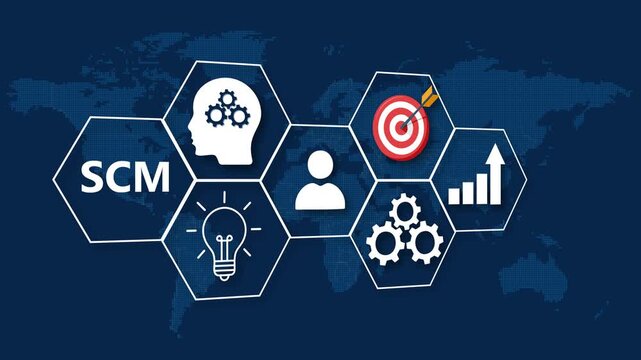 SCM Supply Chain Management Concept with Icons on World Map Background logistics distribution