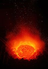 Fototapeta premium Close-up of molten metal, glowing intensely red-orange with heat, emitting shimmering heat waves and subtle sparks ,radiant ,industrial process ,heated