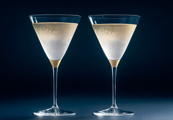 Two glasses of champagne on a dark blue background with copy space for text, a New Year celebration concept banner design.