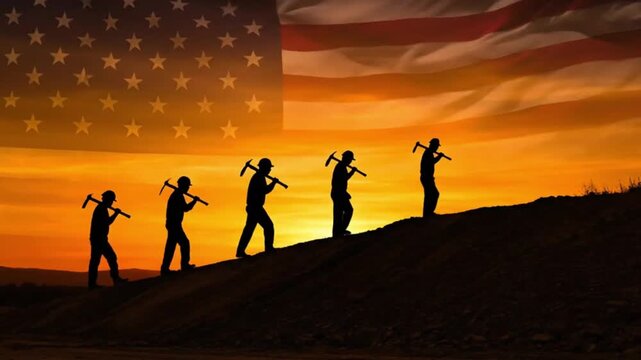 Silhouettes of workers carrying pickaxes walk up a hill against a sunset backdrop, with the american flag overlaid in the sky to represent labor day and us industry