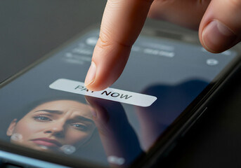 Emotional Pause: Finger Hesitating Above Pay Now Button Reflecting Consumer Anxiety, Online Spending Pressure, and Financial Decision Moments.