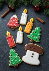 Delightful holiday-themed sugar cookies artfully decorated to resemble flickering candles, perfect for festive celebrations and sweet treats ,holiday cookie ,vibrant ,sprinkles