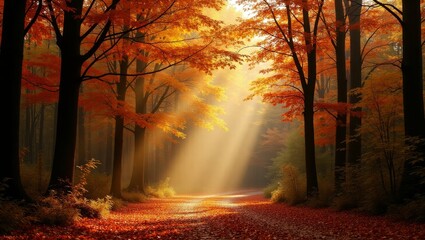 Autumn forest path with sunbeams and fallen leaves