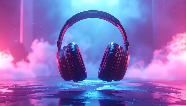 Futuristic Neon Headphones in a Smoky Cyberpunk Atmosphere.