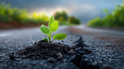 Green Seedling Emerging from Cracked Asphalt Roadway in Nature Resilience and Urban Contrast Scene