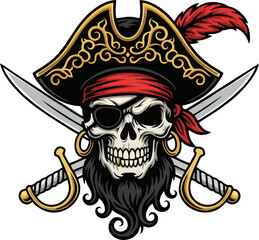 Vector Pirate Skull Emblem with Hat, Feather, Crossed Swords, and Golden Details Isolated