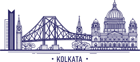 Kolkata cityscape illustration with Victoria Memorial, Howrah Bridge, Marble Palace, Eden Gardens, cultural heritage monuments, ultra-detailed sketch for travel, tourism marketing, and city promotion