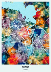 Fototapeta premium Adana Türkiye City Map. Watercolor city, watercolor paint, modern city, urban city, hand paint, travel city, travel destination, city background, city banner, city colorful paint