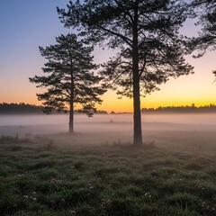 Gentle pre-dawn light bathes a serene natural landscape, with a touch of mist lingering over the tranquil, awakening world ,peaceful ,beautiful ,dew