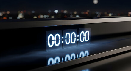 Digital clock displaying zero time with reflection on dark surface