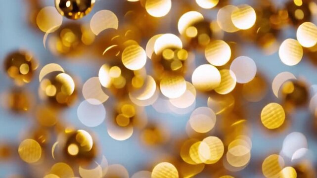 Warm golden bokeh lights create a festive mood, abstract circles evoke holiday spirit, shimmering backdrop suggests celebrations and whimsy