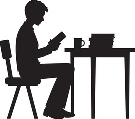 Silhouette of person reading at desk with books and mug